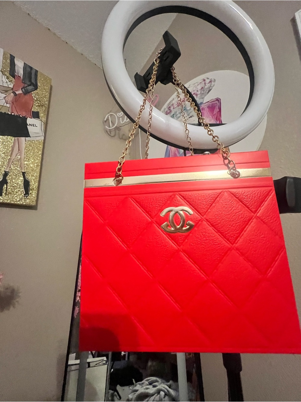 Red Quilted Chain-Handle Tote with Gold Accent